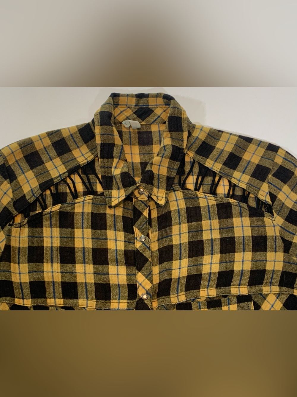 Free People Yellow Plaid Snap-Down Lace-Up Shoulders Boho Flannel Shirt Medium - Picture 7 of 13